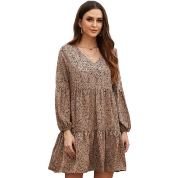 Women's Shein Brown Leopard Flowy V-Neck Ruffled Tunic Dress Size Small - Picture 1 of 5